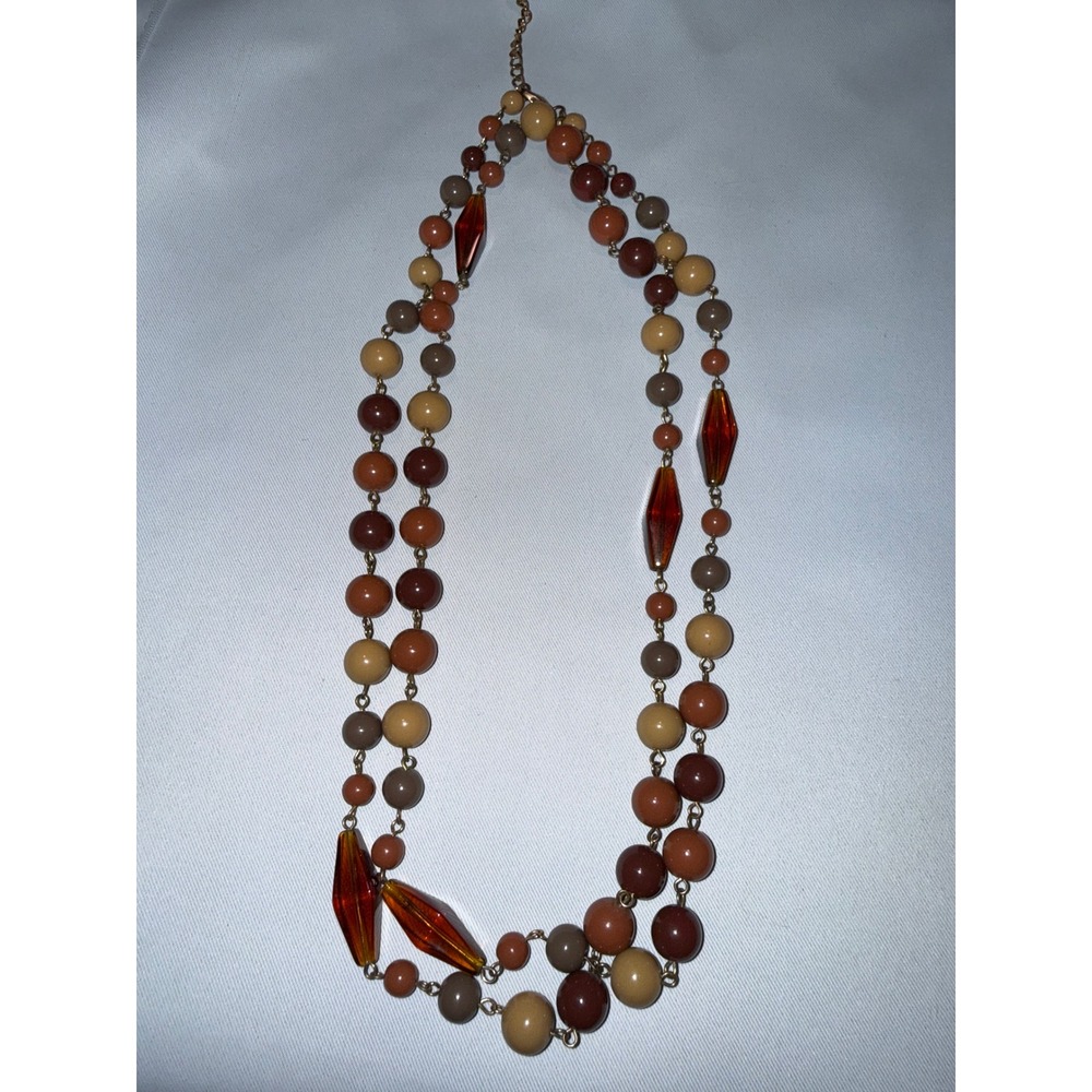 Vintage Brown Amber Beaded Double Strand‎ Necklace Gold Tone Layered 21"